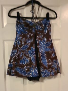 Christina Blue & Brown Floral Swimdress One-Piece Size 10